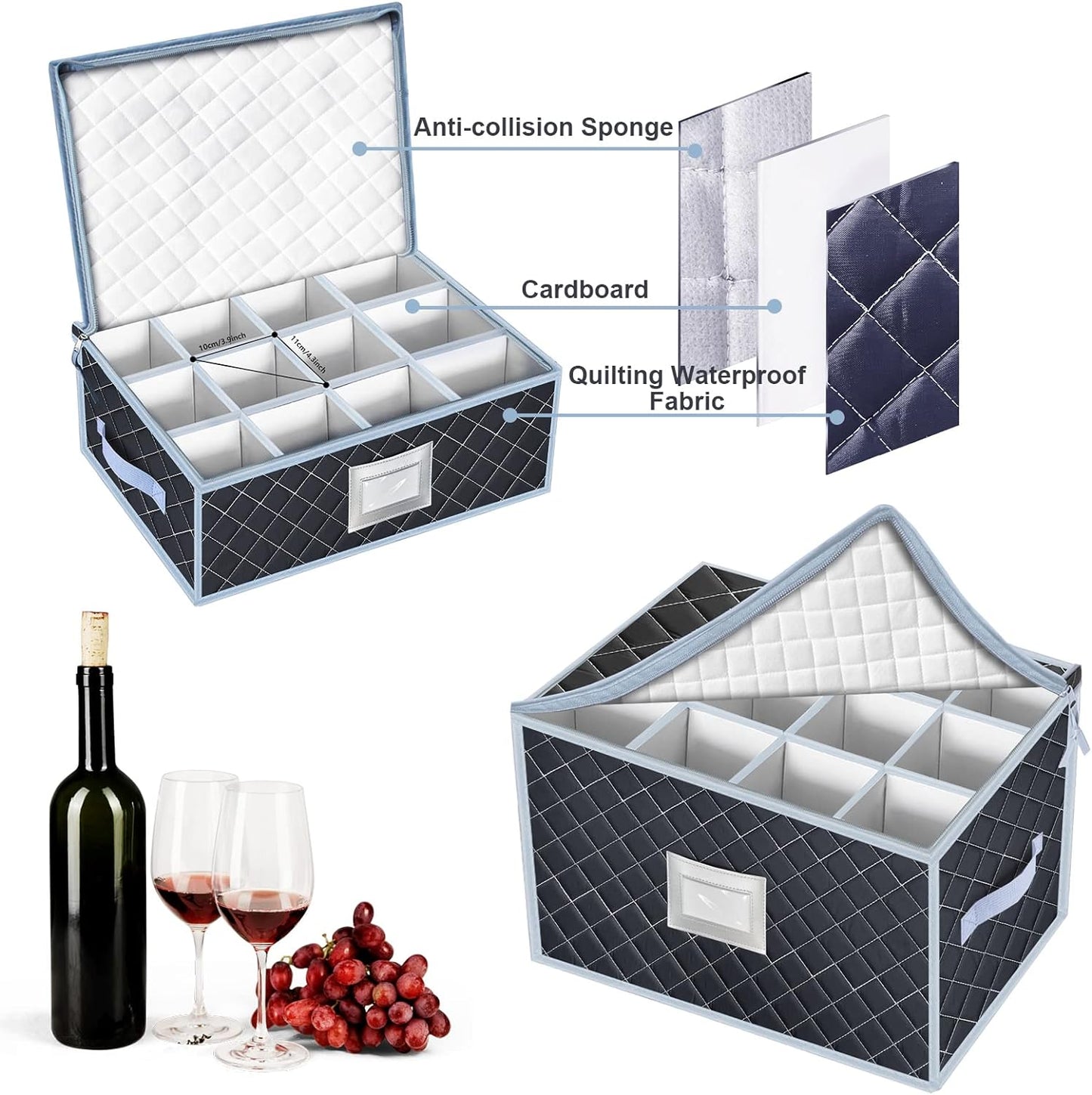 VERONLY China Dinnerware Storage Containers Set- Dish,Mug,Stemware Storage Cases - Quilted Box Bins Stackable with Divider,handles,Clear Window for Cups,Plates,Wine Glasses Moving Set of 6 (Grey