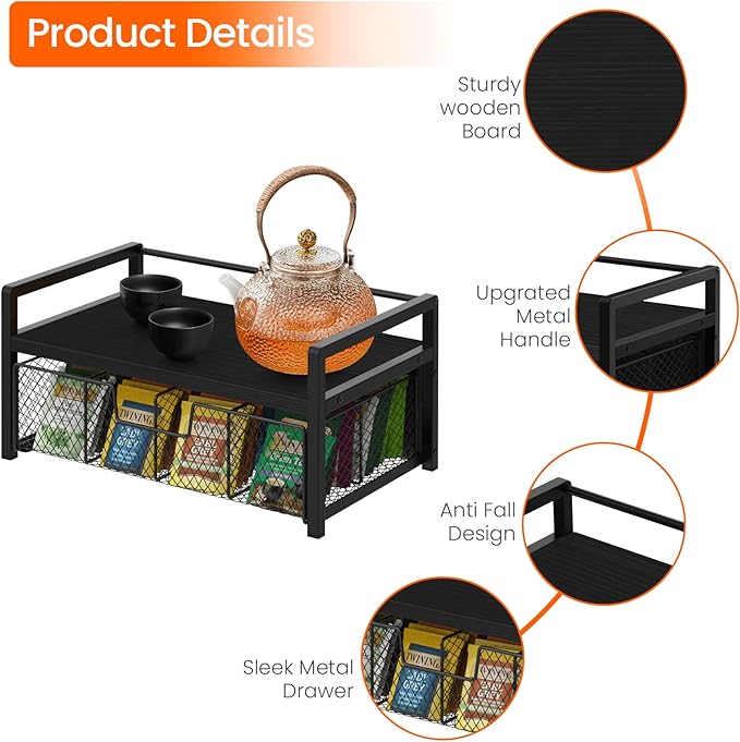 Homode Wood Tea Bag Organizer, Teabag Holder with Drawer, Tea Organizers and Storage Box, 8 Compartments Tea Caddy Station Chests Display Container for Counter Kitchen, Black