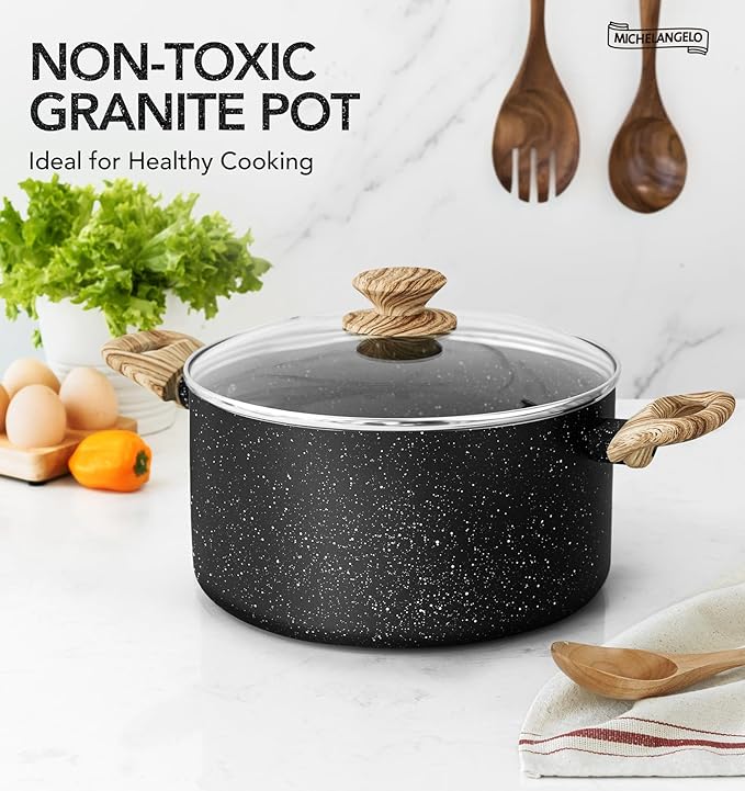 MICHELANGELO Stock Pot with Lid, 5 Quart Cooking Pot Nonstick, Granite Soup Pots with Lid, Induction Pot with Stay-cool Handle, 5 Qt Stockpot Non Stick Pots Black