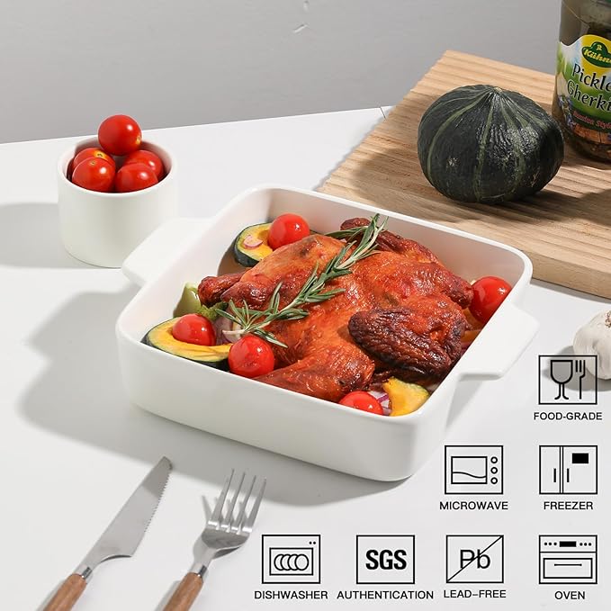 Sweejar Ceramic Baking Dish, 8 x 8 Cake Baking Pan for Brownie, Porcelain Square Bakeware with Double Handle for Casserole, Lasagna, Family Dinner (White)