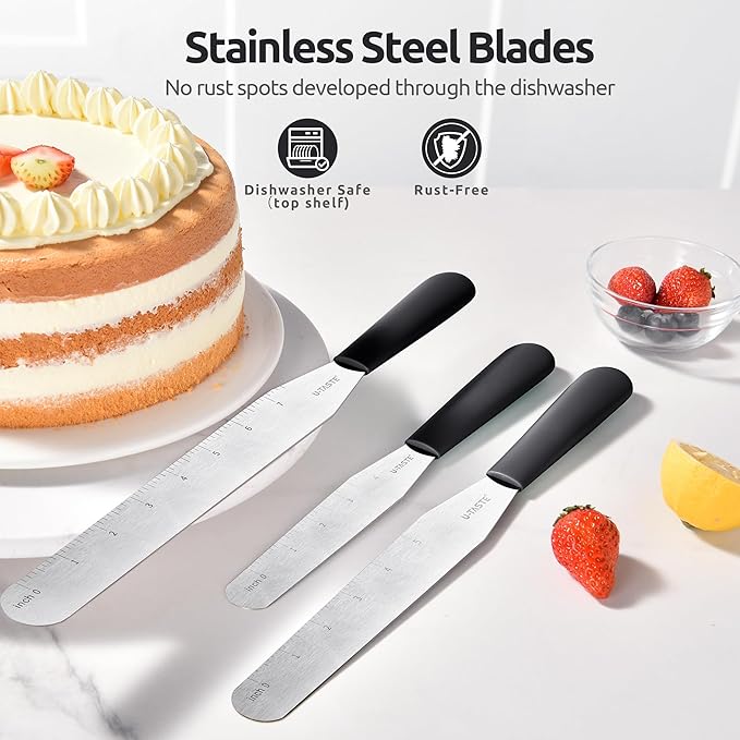 U-Taste Cake Icing Spatulas Set: Straight Decorating Frosting Knife with 6", 8", 10" Thinner Stainless Steel Blade, Flexible Smoothing Spreading Tools with Comfortable PP Handle for Cream (Black)