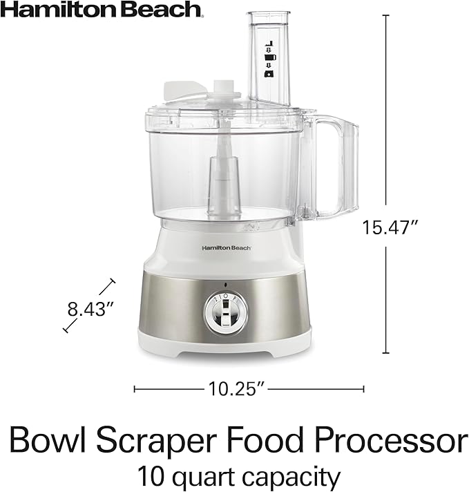 Hamilton Beach Food Processor & Vegetable Chopper for Slicing, Shredding, Mincing, and Puree, 10 Cups + Easy Clean Bowl Scraper, White and Stainless Steel (70733)
