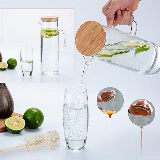 hjn Glass Pitcher with Lid Glass Water Carafe with Handle, Fridge Water Jug Cold or Hot Beverages, Iced Tea, Milk, Juice 1500ml/51oz & bamboo lid