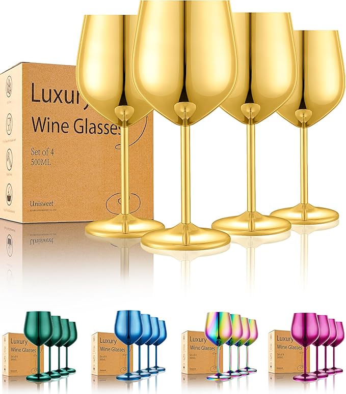 Stainless Steel Wine Glasses Set of 4 Unbreakable Gold Wine Glass 18 oz Unique Metal Wine Goblets for Outdoor, Travel, Camping, Pool, Ideal Gift for Wine Lovers