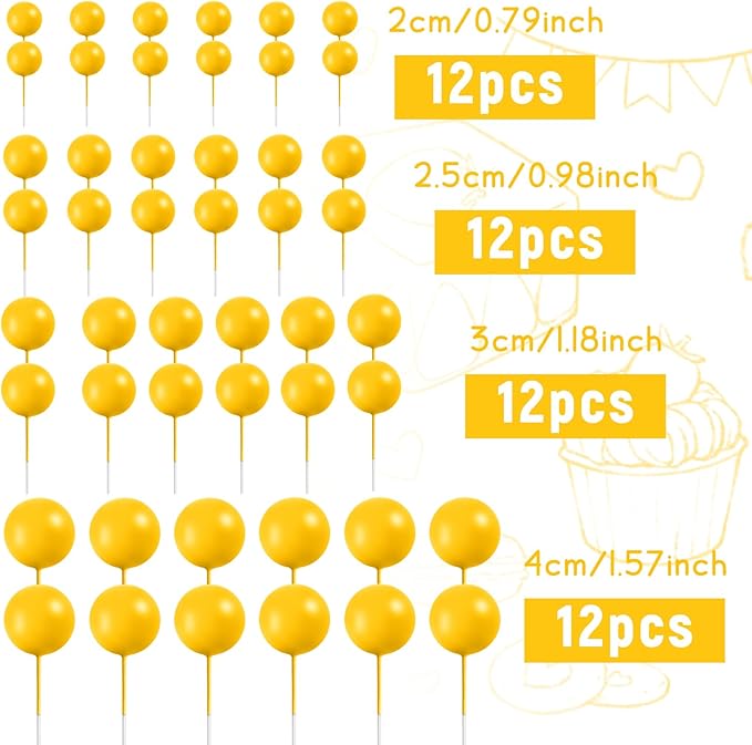48 Pcs Yellow Cake Topper Decorations - Balloon Cupcake Toppers Foam Cake Balls for Birthday Party, Wedding Anniversary Cake Decorating