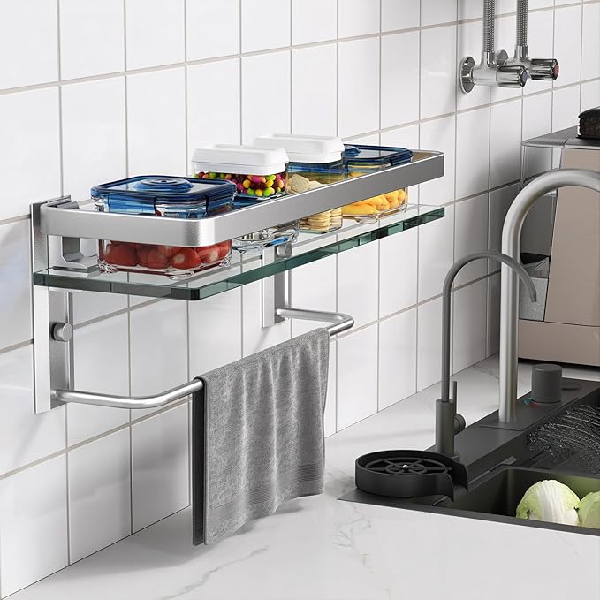 Danpoo Bathroom Wall Shelf with Towel Bar, Clear Tempered Glass, Hand Towel Holder (Matte Silver)