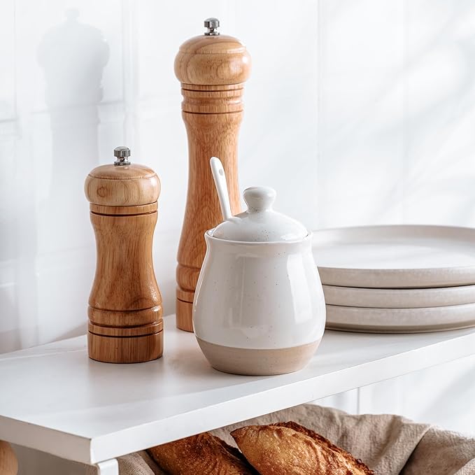 famiware Milkyway Sugar Bowl with Lid and Spoon, 10oz Ceramic Sugar Jar/Pot/Dispenser for Salt, Condiments, Spice, Seasonings, Sugar Container for Coffee Bar, Home, Kitchen, and Countertop, White