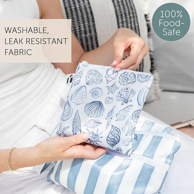 Roamio Reusable Sandwich and Snack Bags, for Kids School Lunch and for Adults Portion, Washable Fabric, Waterproof Cloth Zip Bag, Travel Pouch, Food-Safe, 4-pack Set Nautical Stripe and Blue Shells