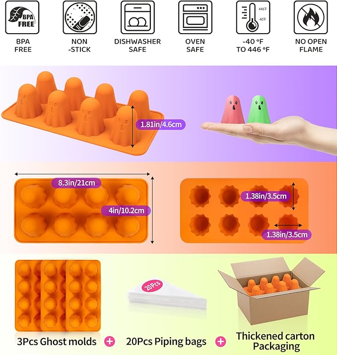 3pcs Halloween Ghost Jello Gummy Baking Silicone Mold with 20 Piping Bags,Halloween Ghost Ice Cake Pop Molds Silicone Non-Stick 3d Jello Shots for Chocolate Gummy Candy Pudding Resin Soap