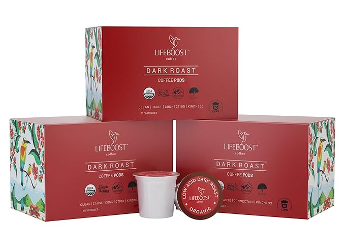 Lifeboost Dark Roast Low Acid Coffee K Cups - Single Origin Mold Free Non-GMO Organic Coffee Pods - Compatible with Keurig & Keurig 2 Machines - 10 Count