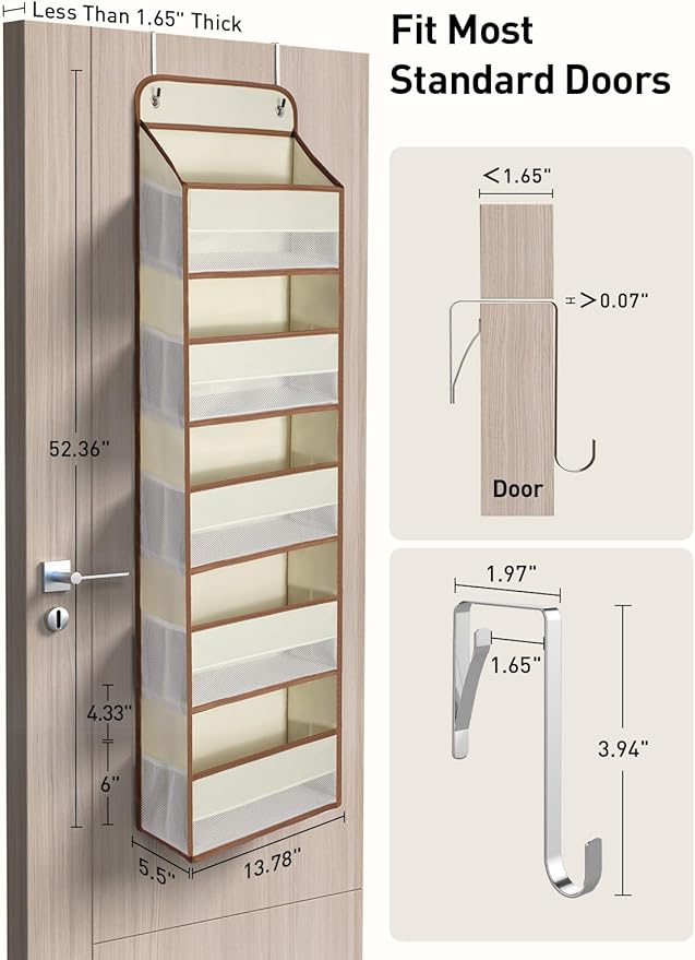 Yecaye 1 Pc 5 Tier Over the Door Organizer with 15 Pockets | 44lb Load Over the Door Storage | No Sagging Closet Organizers and Storage | Versatile Nursery Hanging Organizers for Home Dorm - Beige