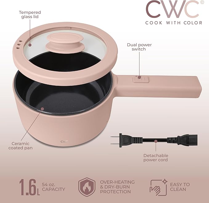 COOK WITH COLOR Electric Hot Pot, 1.6L Mini Cooker, 700W Power, Non-Stick Surface, Thermal Cut-Out Protection, Perfect for Rice, Noodles, Soups, Stews, Dorms, Apartments, and Small Kitchens, Blush