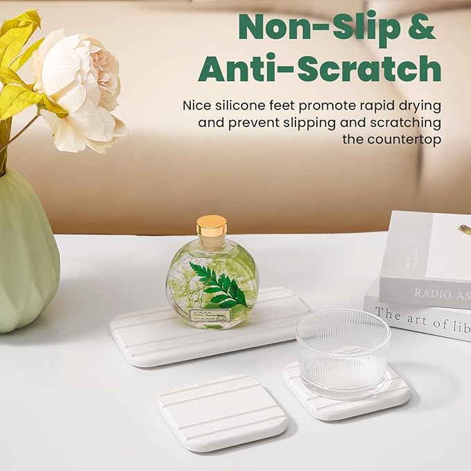 3PCS Water Absorbing Diatomaceous Earth Tray for Sink, Fast Drying Soap & Toothbrush Holders for Bathroom Counter, 1 Stone Tray, 2 Stone Coasters