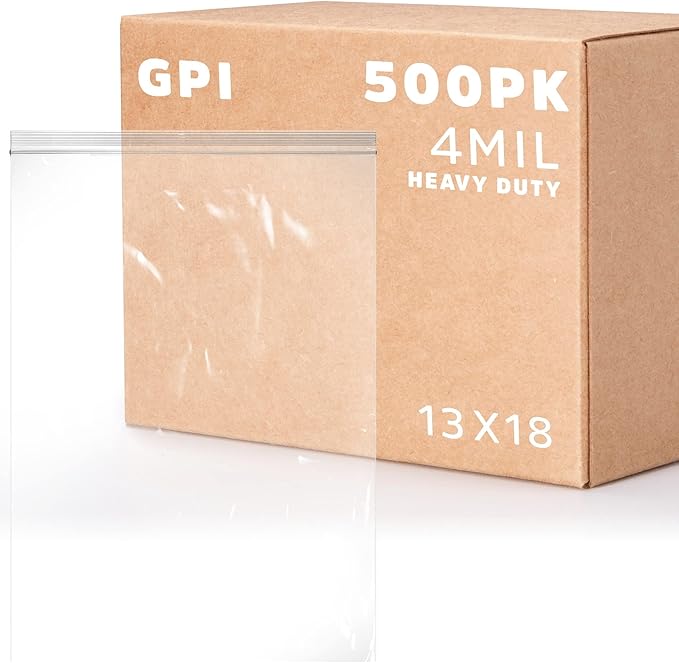 GPI - 13" X 18" Bulk Pack of 500, 4 Mil Thick, Heavy Duty, Clear Plastic Reclosable Freezer Zip Bags, Strong & Durable Poly Baggies with Resealable Zipper Top Lock.