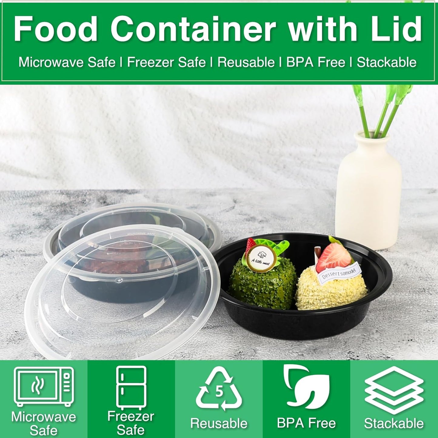 Meal Prep Containers Reusable 10 Pack-23 oz Food Storage Containers with Lids To Go Food Containers Takeout, Microwave Dishwasher Freezer Safe, Stackable, BPA Free, Plastic (Black)