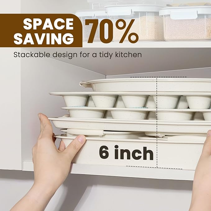 Kikcoin 22 PCS Nonstick Baking Pans Set, Stackable Bakeware Sets with Silicone Handles, 450°F Oven Safe Baking Sheet Set, Easy Release Cookie Sheets for Baking, Cream