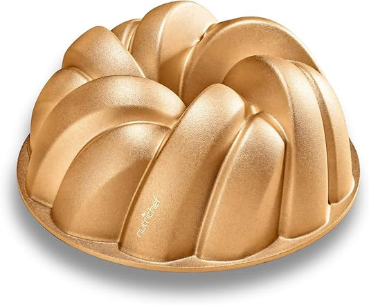 NutriChef 9-Inch Cake Pan - Heavy Die Cast Aluminum Cake Baking Mold with 2 Layers of Professional Nonstick Coating - Fluted Flow Design for Uniform Baking & Browning, Dishwasher Safe - Gold
