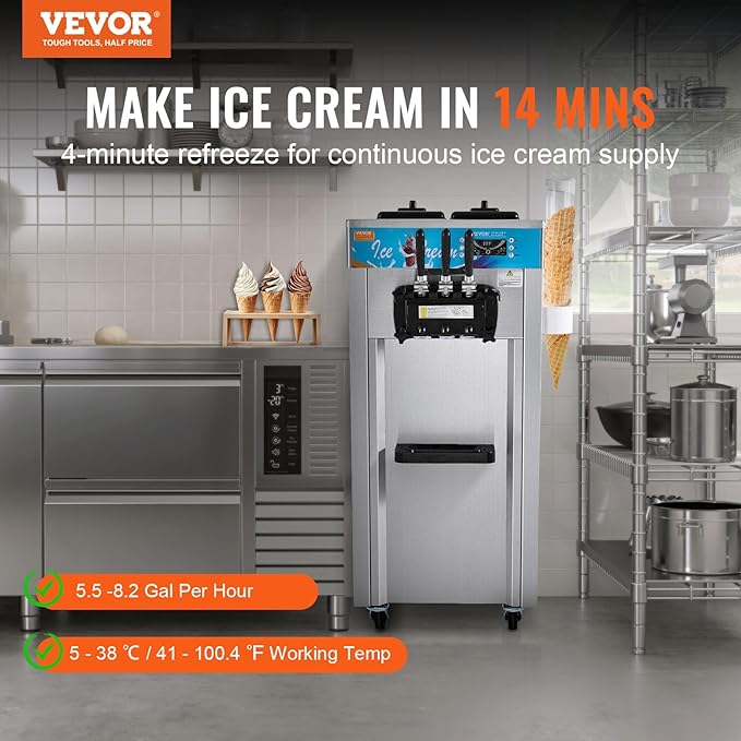 VEVOR Commercial Ice Cream Machine, 21-31 L/H Yield, 1800W 3-Flavor Freestanding Soft Serve Ice Cream Maker, 2 x 5.5L Stainless Steel Cylinder, LED Panel Auto Clean Pre-cooling, for Restaurant Bars