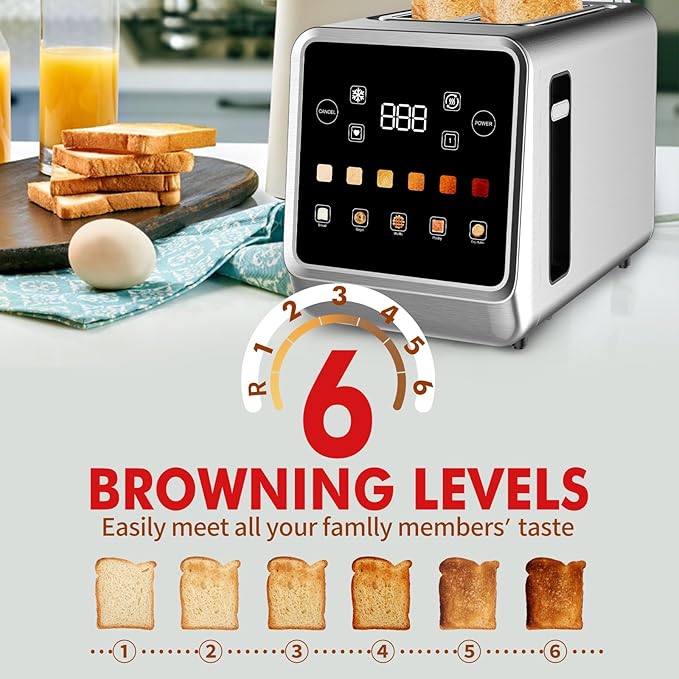 Toaster Touch Screen Toaster 2 Slice with LCD Display Stainless Steel Digital Timer Toasters 6 Bread Types& 6 Shade Settings Smart Extra Wide Slots Tostadora With Bagel Cancel,Defrost Functions