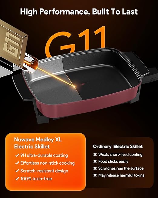 Nuwave Medley XL Digital Electric Skillet, Family Size Griddle w/Glass Lid, 2025 New & Improved Precision Heating, 100°-425°F, PFAS Free G11 Nonstick Ceramic Coating, Portable Hot Plate, 7qt Capacity