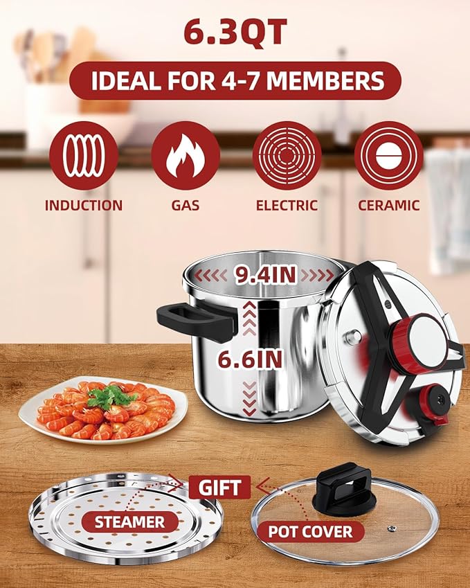 3-In-1 Stainless Steel Pressure Cooker 6.3 QT: [Save 70% Time] [3 PSI Settings], One-Hand Locking, Induction Compatible, Glass Lid & Steamer Rack Included, Olla de Presion
