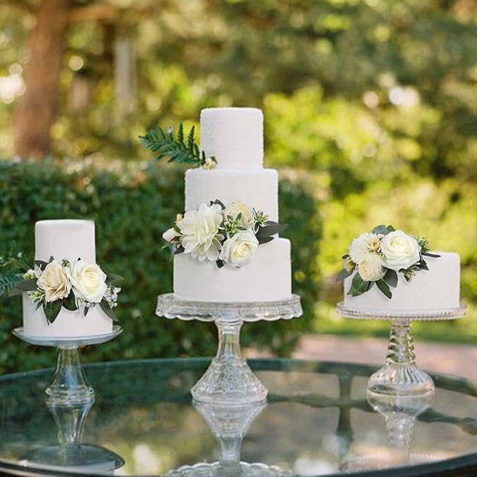 Rinlong 3Pcs Pre-made Cake Flowers Toppers White Green Cake Decorations Wedding Cake Decorating Flowers Decor Birthday Baptism Party Cake Topper