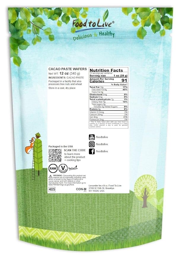 Food to Live Cacao Paste Wafers, 12 Ounces - Premium Raw Cacao Liquor, Pure, Unsweetened, Vegan, Bulk. Rich in Antioxidants, Essential Minerals. Perfect for Homemade Desserts, Chocolate Bars