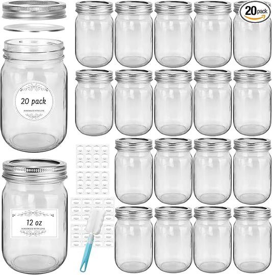 12 oz Glass Mason Jars, 20 Pack Regular Mouth Glass Canning Jars with Silver Aluminum Lids and Bands, Airtight Jam Jars for Food Storage, Pickling, Fermenting, Honey, Jelly, DIY Candles Decor