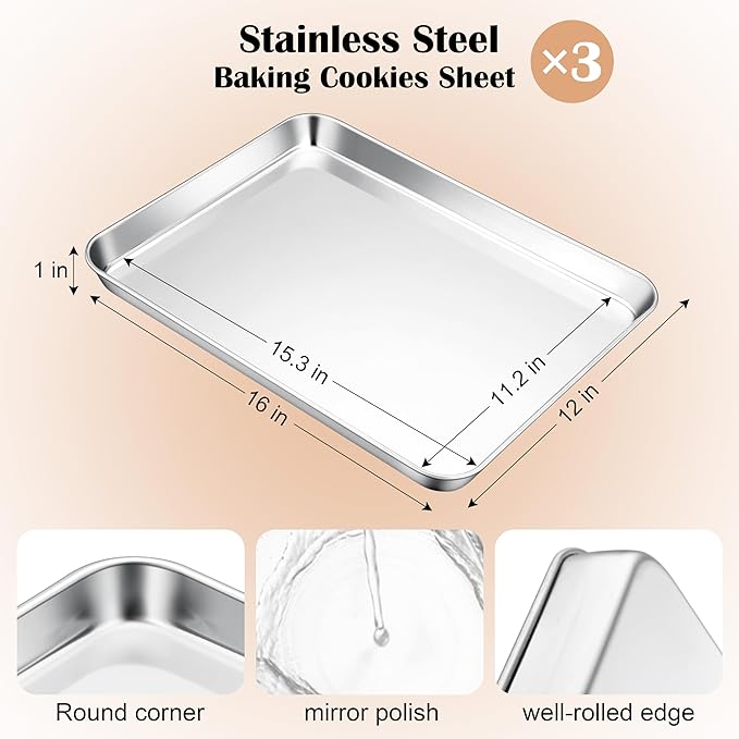 E-far Baking Sheets Set of 3, 16” x12” x 1” Stainless Steel Cookie Sheets Pans for Oven, Non-toxic Metal Trays for Baking Cake Cookie, Healthy & Rust Free, Mirror Finish & Dishwasher Safe