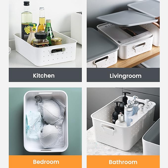 vacane Large White Storage Baskets with Snap Lid, Extremely Durable, Storage Baskets for Organizing Stackable Storage Box with Handle for Playroom Classroom Closet Office, 14 x 10 x 8 inch