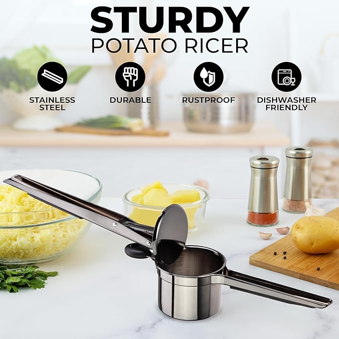 Zulay Kitchen Large 15oz Potato Ricer, Heavy Duty Stainless Steel Potato Masher and Ricer for Mashed Potatoes, Mashed Potato Masher & Potato Press Gadget for Perfect Mashed Potatoes - Metallic Black