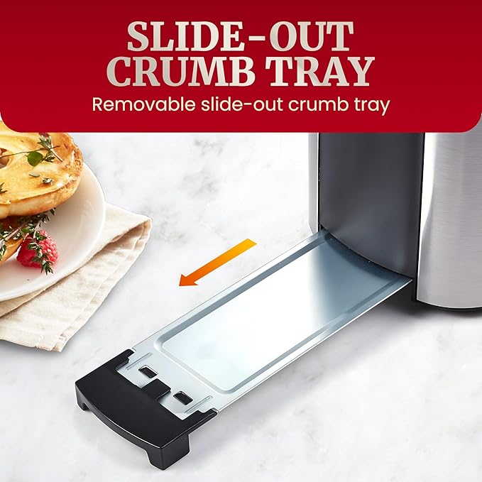 Elite Gourmet ECT-3100 Long Slot 4 Slice Toaster, Reheat, 6 Toast Settings, Defrost, Cancel Functions, Built-in Warming Rack, Extra Wide Slots for Bagels & Waffles, Stainless Steel & Black