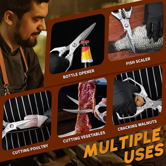 HUUSK Kitchen Scissors Set Silver - Stainless Steel Kitchen Shear, Sharp Meat Scissors Dishwasher Safe, Heavy Duty Poultry Shears, Japanese Cooking Scissor for Food, Chicken Bones, and Turkey