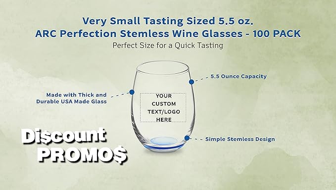 Custom Stemless Wine Glasses by ARC 5.5 oz. Set of 100, Personalized Bulk Pack - Perfect for Hotel, Bar, Restaurant or Lounge - Blue