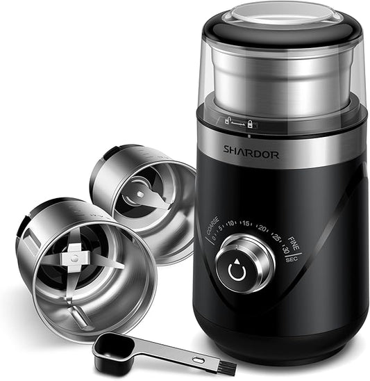 SHARDOR Electric Super Silent Blade Coffee Grinder, Timed Grind Control Rotary Knob, Adjustable Coarse to Fine for Coffee Beans, Spices & Herbs, with 2 Removable Stainless Steel Bowl, Black