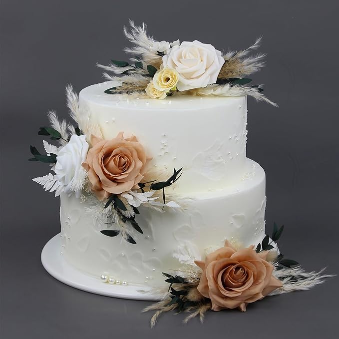 Rinlong 3Pcs Pre-made Boho Cake Toppers Pampas Cake Decorations Birthday Wedding Cake Decorating Flowers Baptism Decor for Women Girls