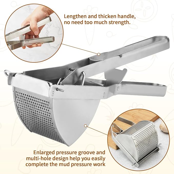 Potato Ricer, Heavy Duty Stainless Steel Professional Ricer for Mashed Potatoes and Ricer Kitchen Tool, Mash Potato Masher for Creamy Mashed Potatoes (Silver)