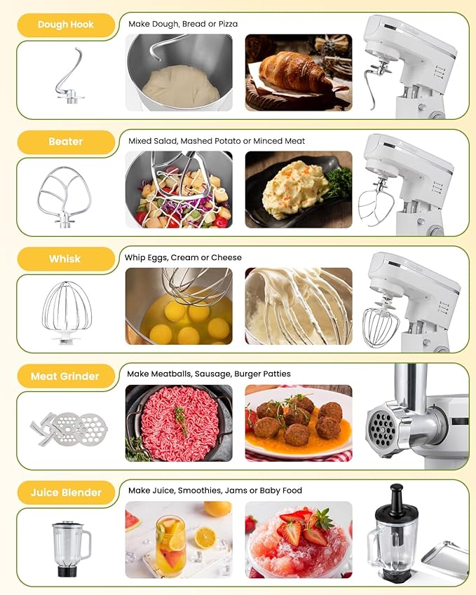 Stand Mixer 7-IN-1 1500W 6.5 QT Multifunctional Electric Kitchen Mixer 6+P Speed Tilt-Head with Stainless Steel Bowl&Handle, 1.5L Glass Jar, Meat Grinder, Dough Hook, Whisk, Pasta Attachments