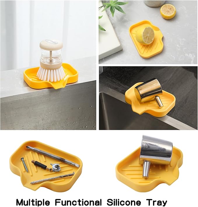 Silicone Bathroom Soap Dishes with Drain Spout-Bathroom and Kitchen Sink Organizer,Sponge Holder,Dish Soap Tray,Perfect for Dispenser,Scrubber,Bottle,Cup on Sink or Counter-Yellow 4.9"×3.2"