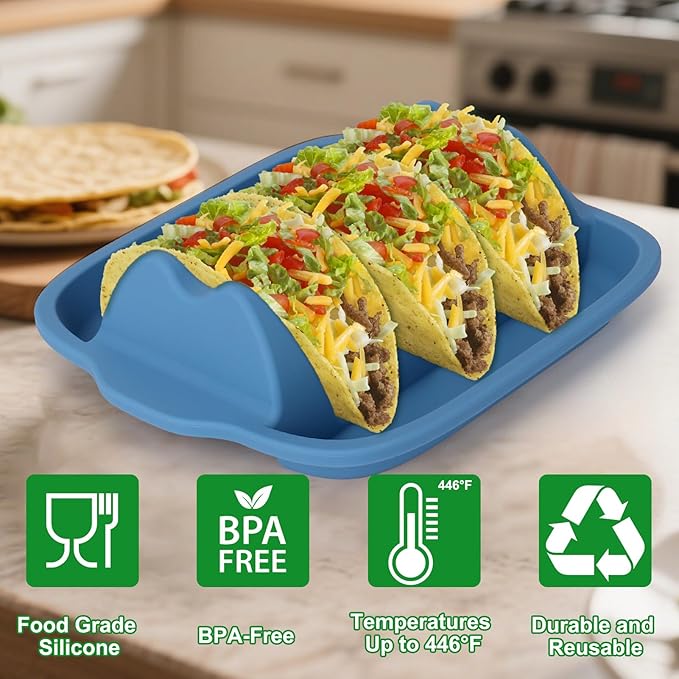 Juome Upgraded Silicone Taco Holder 2 Packs - Reusable Taco Plates with Dividers, Taco Rack Holders Stand for Hard/Soft Taco Shell Holder, Taco Party Serving Tray Plates, Dishwasher & Microwave Safe