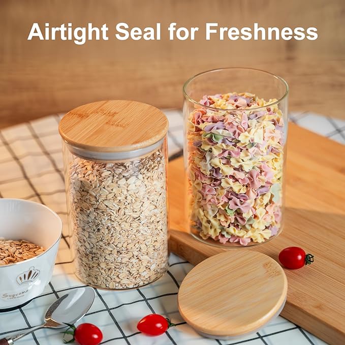 Glass Food Storage Jars Set of 8,26oz-Glass Storage Containers Clear Glass Food Canister with Bamboo Lid Airtight For Serving Tea, Coffee, Flour,Candy, Cookie, Spice(Round-8CMx15CM)