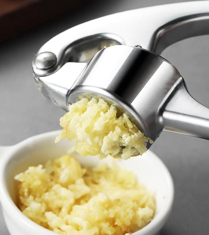 Stainless Steel Garlic Press Set w/Silicone Peeler & Brush, Heavy Duty Metal Garlic Mincer, Dishwasher Safe, Easy Clean (Regular Handle)