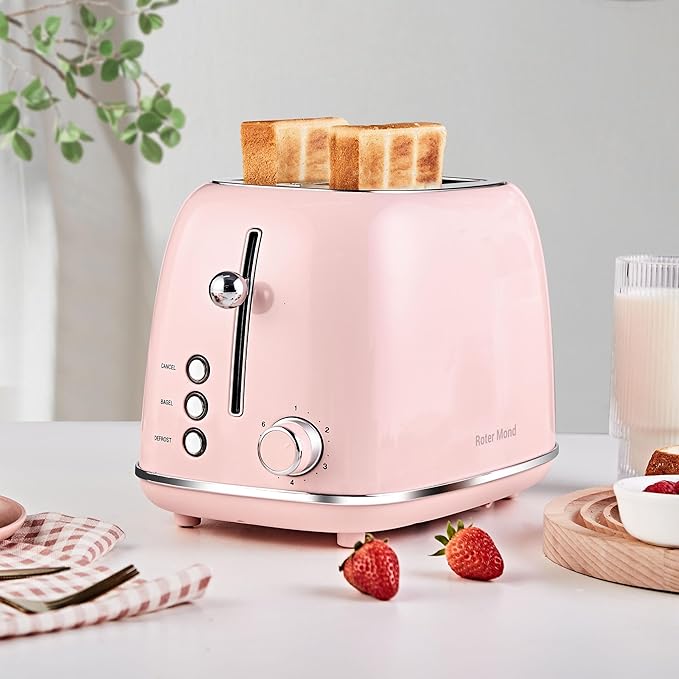 2 Slice Toaster Retro Stainless Steel with Bagel, Cancel, and Defrost Functions, 6 Bread Shade Settings, Extra Wide Slots and Removable Crumb Tray, Pink