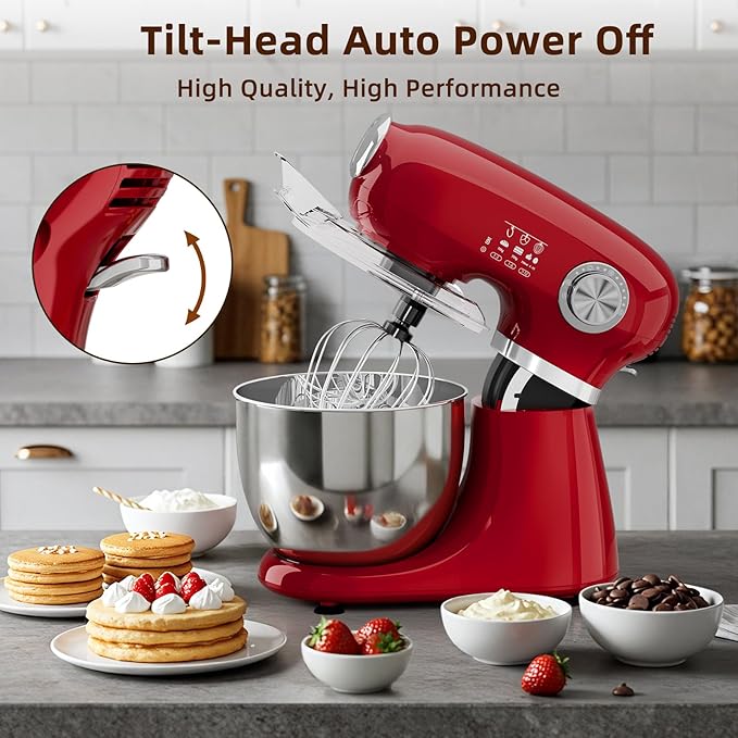 Cowsar Stand Mixer, 12 Speeds Tilt-Head Electric Commercial Stand Mixer, 3-In-1 Kitchen Mixer with Bowl, Dough Hook, Whisk and Beater, Red