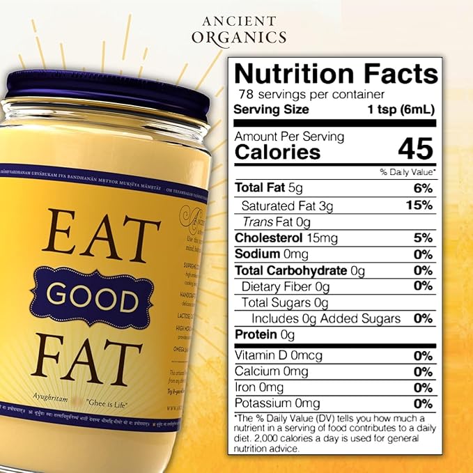 Ancient Organics Ghee, Organic Grass Fed Gluten Free Clarified Ghee Butter with Vitamins & Omegas, Lactose Free, 100% Certified Organic, Kosher, USDA Certified, Made in USA - 16 Fl Oz (Pack of 3)