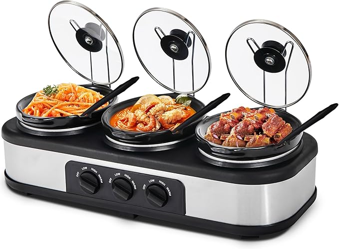Triple Slow Cooker Buffet Server Food Warmer with 3 Adjustable Temperature Modes, Slow Cooker with 1.5 QT Ceramic Pot, Removeable Glass Lid and 3 PVC Spoons, Dishwasher Safe, Stainless Steel