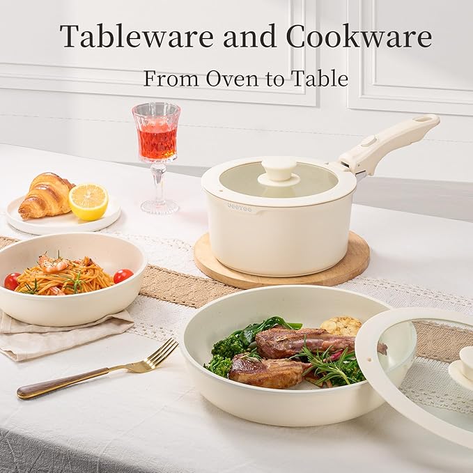 JEETEE Pots and Pans Set Non Stick 19 Pcs, Cookware Set Detachable Handle, RV Kitchen Cooking Set Removable Handles, Stackable Non-stick Set, Oven Safe, Beige