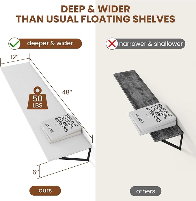 Heimlove White Deep Floating Shelves for Wall, 48W x 12D Wood Wall Shelves Set of 2, Wide Floating Bookshelf for Living Room, Kitchen, Office, Bedroom and Decor Storage, with Black Bracket - White