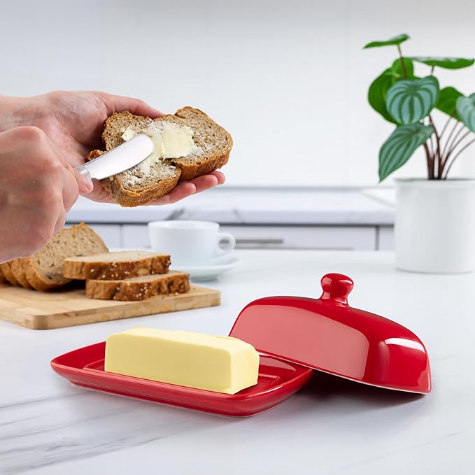 Zulay Butter Dish With Lid For Countertop - Porcelain White, Ceramic Butter Dish with Knob Handle Great for Cooking - Elegant Design Butter Holder - Durable & Sturdy Butter Keeper - Red