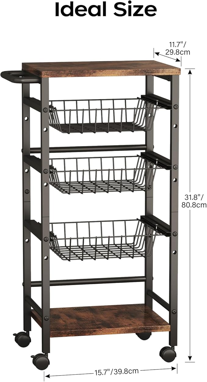 5-Tier Snack Organizer Cart with 3 Height Adjustable Pull-Out Baskets and 2 Storage Shelves, Utility Kitchen Organizer and Storage Cart with Convenient Handle for Fruit Potato Onion Vegetable Snack